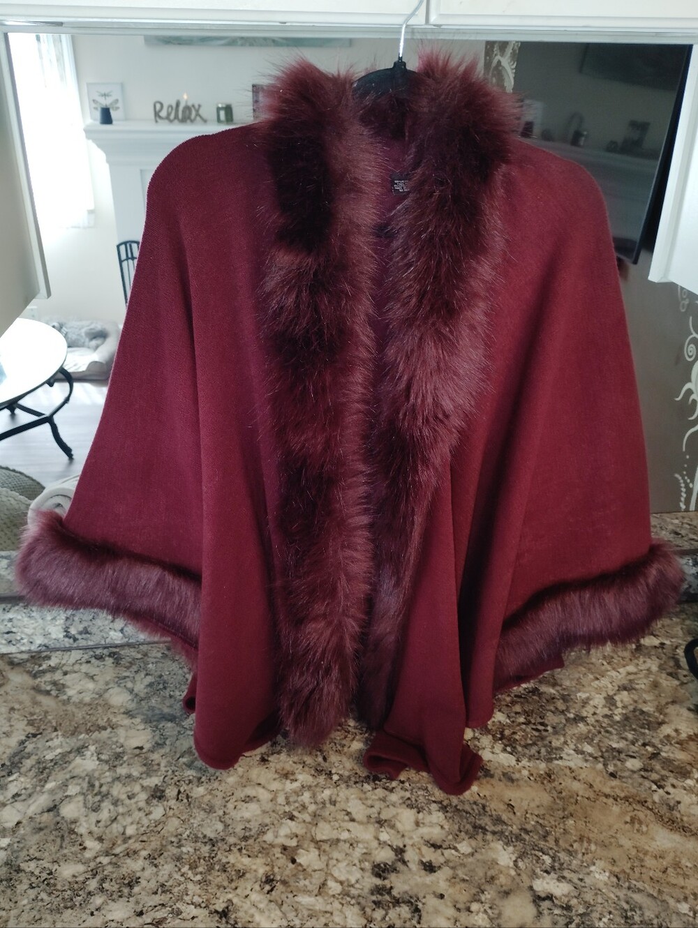 Faux Fur Trim Burgundy Cape - Picture 2 of 6